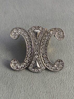 Elegant UpcycledvCrystal Double-C Motif Pin Brooch - Silver Crystal